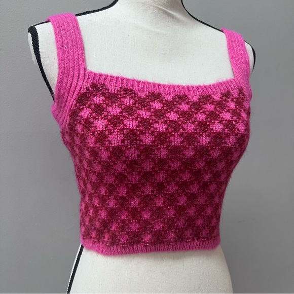 Zara checked knit crop top burgundy pink size medium - Picture 1 of 9